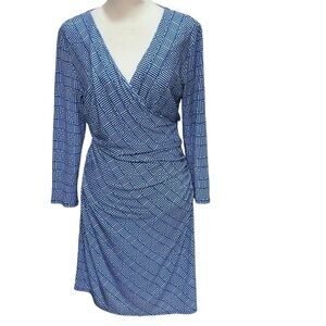 Laundry by Design Wrap Dress Women 6 Blue White Good Geometric Faux Wrap Ruched